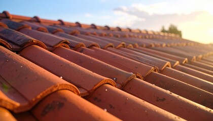 Terracotta roof tiles stretch diagonally upwards, illuminated by golden sunset light against a soft, blurred sky backdrop