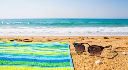 Beach towel and sunglasses summer vacation concept photography on sand beach