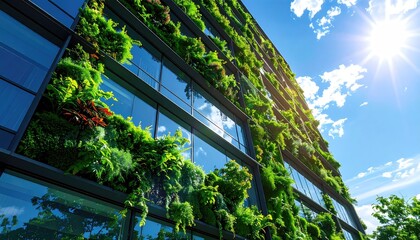 Verdant vegetation covers a modern building's facade, reflecting the sunny, blue sky. Greenery adds a vibrant, eco-friendly touch