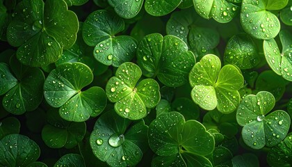 Dense field of dewy green clovers with water droplets on foliage, illuminated by soft light and shadows