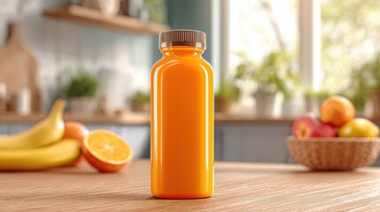 Juice Bottle Mockup, Photorealistic juice bottle on a table with a clear kitchen background and fruit bowl. Ultra high quality, smooth details, soft lighting, glowing realistic textures, 8K resolution
