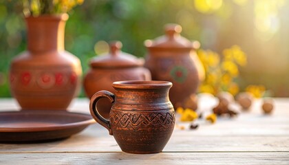 Rustic clay vessels on a weathered wood surface, warm sunlit backdrop with greenery creating a cozy, natural, and inviting still-life scene