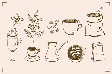 Engraved set with Coffee. Hand drawn sketch with coffee plant, cup of cappuccino and espresso, beans, a Turk, latte, bag of coffee beans. Vector illustration. For label cafe, packaging, wrapping, card