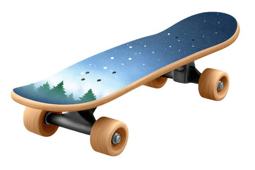 A skateboard featuring a gradient blue surface with a forest design, equipped with wooden wheels for smooth riding.