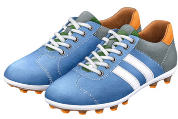 A pair of stylish blue athletic shoes with white stripes and a sporty design, suitable for various activities.