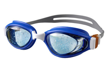 A pair of blue swimming goggles with clear lenses and a comfortable strap designed for water sports.