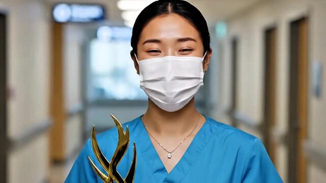 Video, illustration of an outstanding doctor holding a trophy