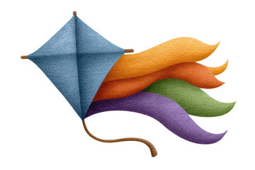 A vibrant kite with colorful tails, crafted with textured fabric, fluttering in the wind.
