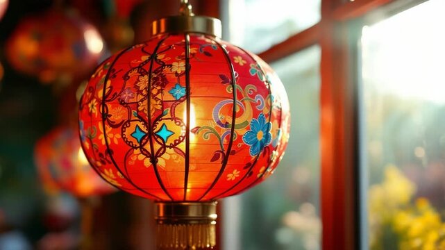 Decorative diwali lantern glowing warmly illuminated by gentle morning sunlight evoking a serene and festive atmosphere