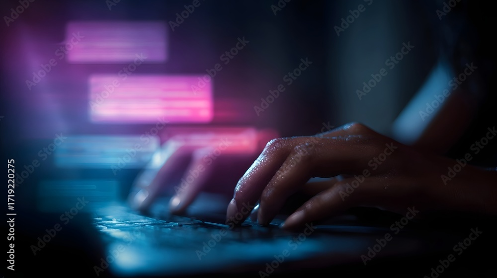 Poster close up of hands typing on a laptop keyboard with vibrant neon digital chat messages glowing in the