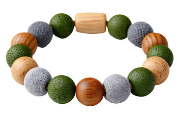 A colorful bracelet made of wooden beads in various shapes and textures, featuring earthy tones and a natural aesthetic.