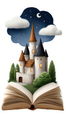 A whimsical castle emerges from the pages of an open book, surrounded by lush greenery and a starry night sky.