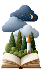 An open book with lush trees and a tower, under a starry sky and clouds, creating a whimsical and imaginative scene.
