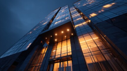 Low-angle view of an office building's entrance with illuminated windows against a dusky sky. Ultra high quality, smooth details, soft lighting, glowing realistic textures, 8K resolution