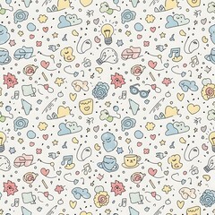 A whimsical doodle pattern featuring a variety of cute, hand-drawn icons like clouds, hearts, lightbulbs, and coffee cups on a light background.