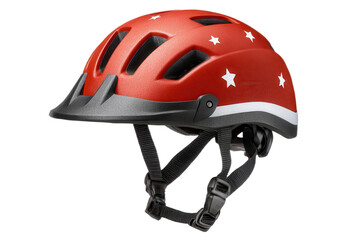 A vibrant red helmet adorned with white stars, designed for safety and style during biking or skating activities.