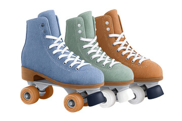 Three pairs of colorful roller skates featuring soft fabric uppers, white laces, and wooden bases, showcasing a playful and retro design.