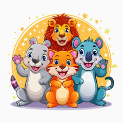 Fototapeta premium Cartoon animals A cheerful illustration of a lion, fox, koala, and raccoon, perfect for kids' content