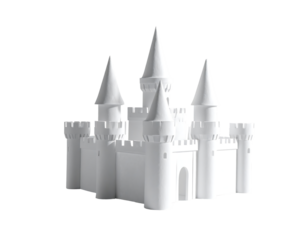 A pristine white miniature castle, three-towered, crenellated walls, arched entryway, isolated on black
