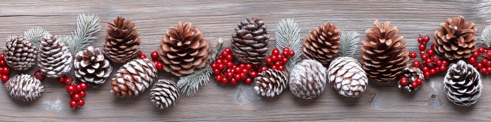 Pine Cones and Berries Flat Lay Arrangement on Wooden Surface Frosted pinecones red create
