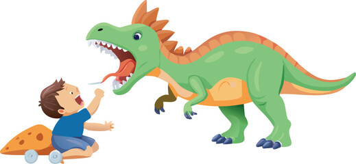 A young boy joyfully offers a pizza slice to a friendly dinosaur in a whimsical scene.
