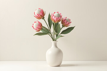 Obraz premium Floral arrangement with pink peonies in a white vase on table 