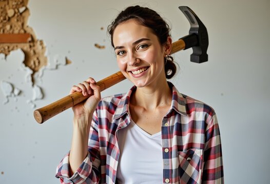 Confident Woman in Checkered Shirt Holding a Hammer Against a Renovation Wall, Smiling Brightly at the Camera in a Home Improvement Project Setting