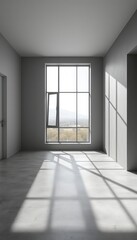 Obraz premium Sunlight Streams Through the Gridded Window, Illuminating a Modern, Empty Room with Gray Walls and Concrete Floors