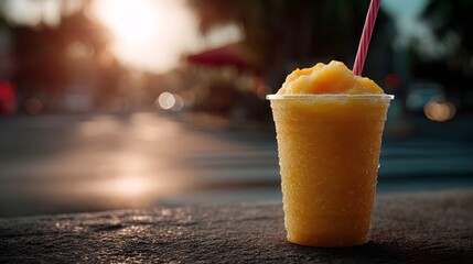 A vibrant frosty orange smoothie in a clear plastic cup with a red straw sits on a stone ledge bathed in the warm glow of a setting sun on a street