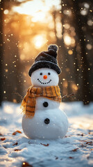 Obraz premium snowman in forest during new year holidays, joyful winter scene with snow-covered trees and festive outdoor atmosphere