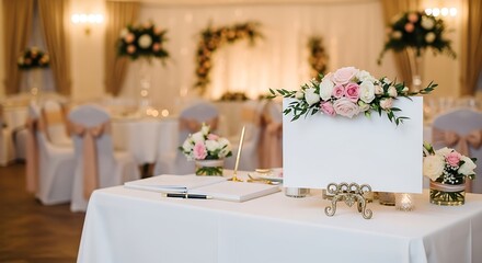 wedding table setting with decorated white board for text on the table
