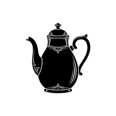 A black silhouette of an ornate coffee pot with a handle, spout, and lid, featuring decorative scrollwork.