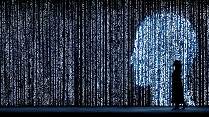Silhouette of a person walking past a digital matrix display with glowing data streams and a luminous human head projection