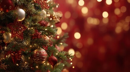 Decorated Christmas tree with shimmering ornaments and lights, rich red background with bokeh effect. Holiday celebration background for greeting card.