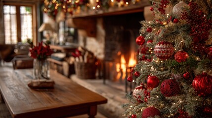 Decorated christmas tree with festive red and white ornaments in a cozy living room with a lit fireplace. Holiday home interior scene for winter celebration.