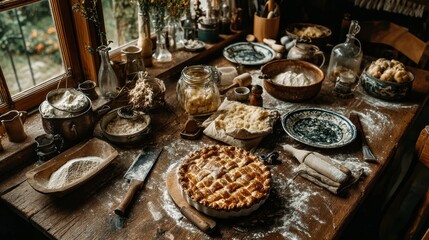 A rustic wooden table displaying freshly baked pies in autumn hues