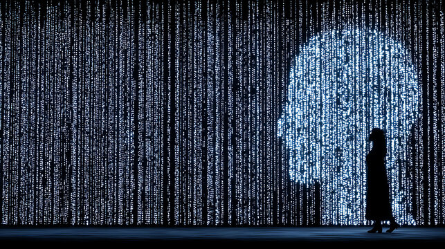 Silhouette of a person walking past a digital matrix display with glowing data streams and a luminous human head projection - Powered by Adobe