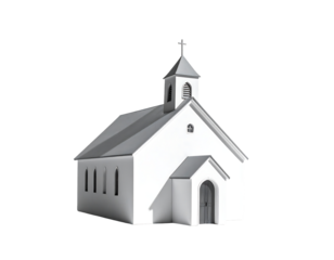 A grayscale 3D rendering of a simple, small, white church with a steeple, cross, and three visible windows