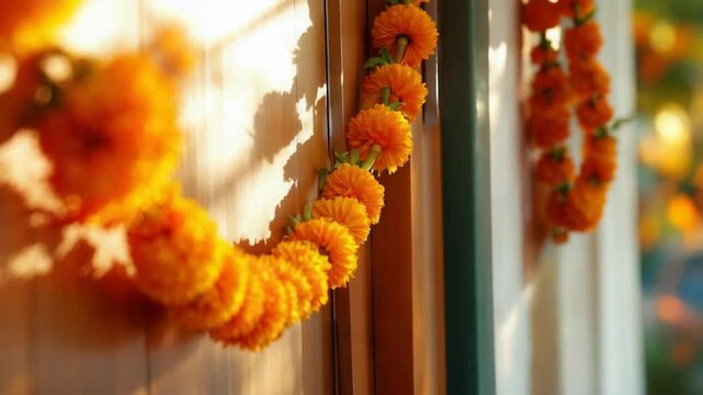Golden marigold garland illuminating a traditional festive setting with warm morning light symbolizing joy and auspicious beginnings for diwali celebrations