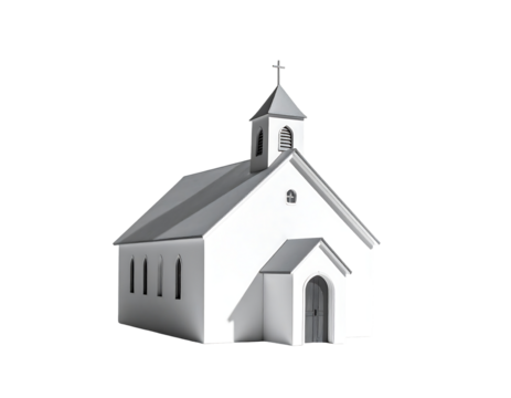 A grayscale 3D rendering of a simple, small, white church with a steeple, cross, and three visible windows