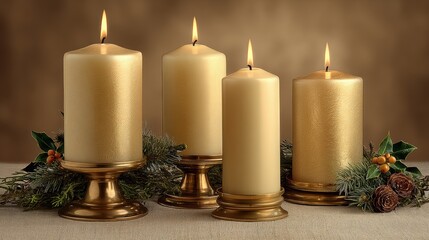 Arrangement of pillar candles in brass holders on a wooden table