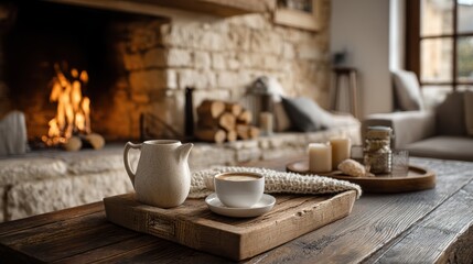 Autumn leaves falling on a cozy cabin porch with rustic wood textures