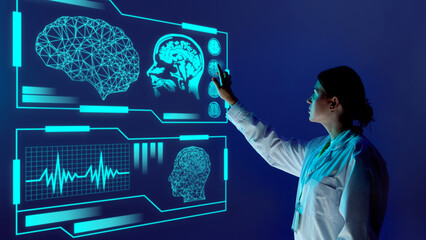 Creative collage. Female doctor interacting with holographic brain scans and neural interface. Concept of neurology, artificial intelligence, education, healthcare, and digital marketing visuals.