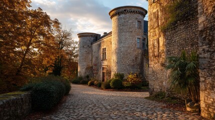 Ancient stone castle tower with autumn trees and a cobbled path. Historical European architecture. Travel destination background.
