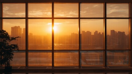 Sunset glow over urban skyline seen through window panes with city building silhouette. Bright warm light concept.