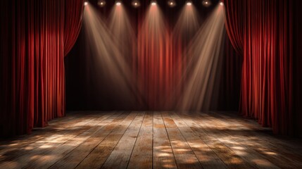 Empty theater stage with wooden floor and red curtains. Spotlight lighting show. Performance and presentation concept. Copy space background.