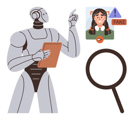 Robot holding tablet, pointing to a flagged alert on an image with Fake label. Magnifying glass nearby. Ideal for technology, ethics, AI tools, content moderation, digital forensics, cybersecurity