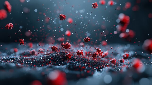 Red biological virus model over dark textured surface. Coronavirus or infectious disease cells. Medical health research concept.