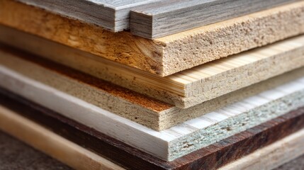 Stack of wood veneer and chipboard samples for furniture material selection. Interior design and construction industry concept.