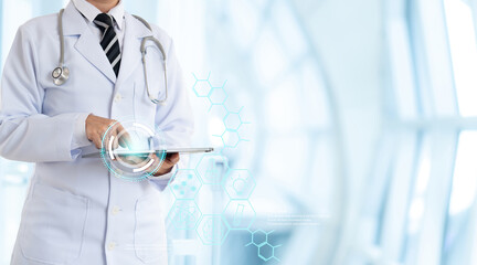 Medicine doctor using digital tablet for healthcare app system support. medical health technology concept.